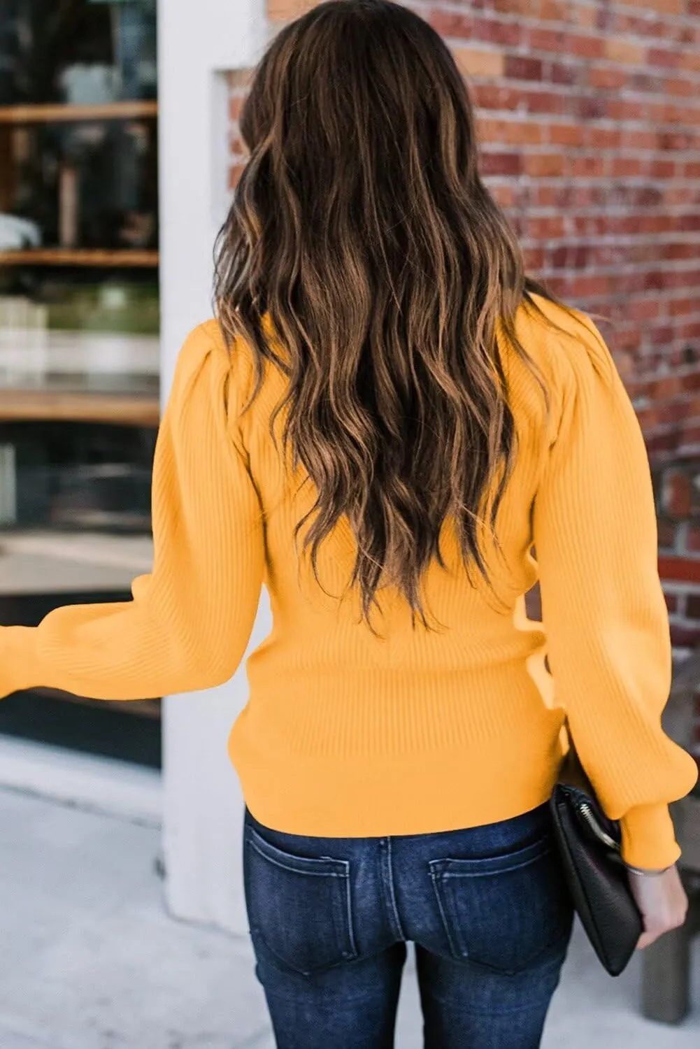 Dokotoo Womens Ribbed Knit Long Lantern Sleeves Sweater Crewneck Casual Slim Fit Pullover Jumper Tops