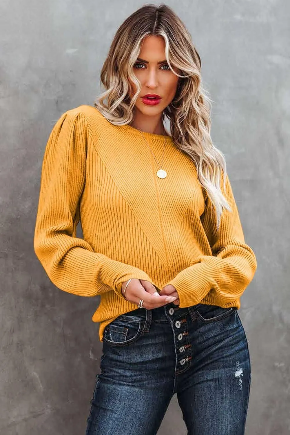 Dokotoo Womens Ribbed Knit Long Lantern Sleeves Sweater Crewneck Casual Slim Fit Pullover Jumper Tops