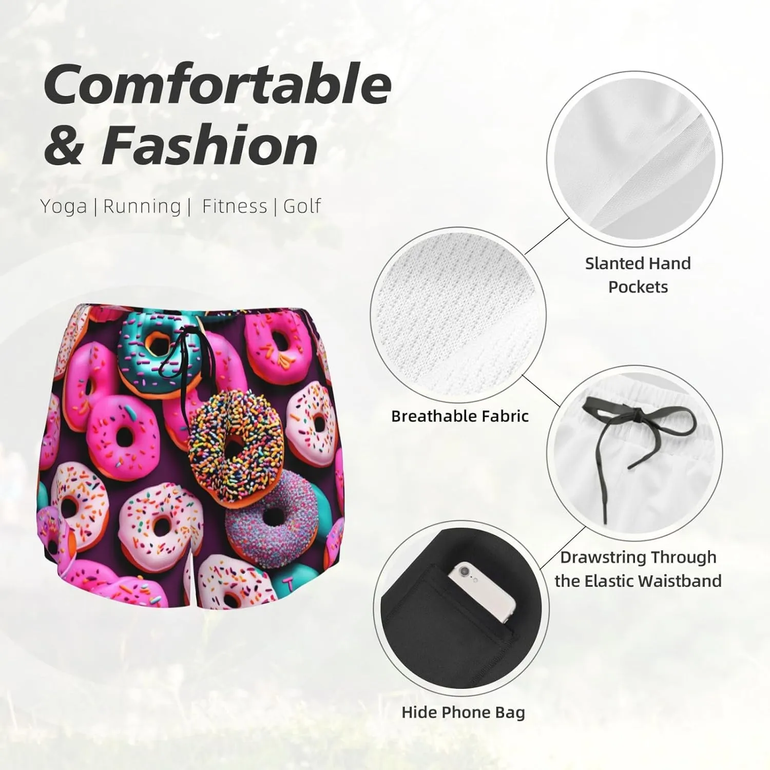 Donut Print Women's Running Shorts High Waisted Athletic Shorts Quick Dry Gym Workout Shorts