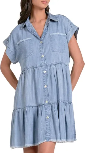 ELAN Women's Button-Front Chambray Shirt Dress with Tiered Skirt and Frayed Hem