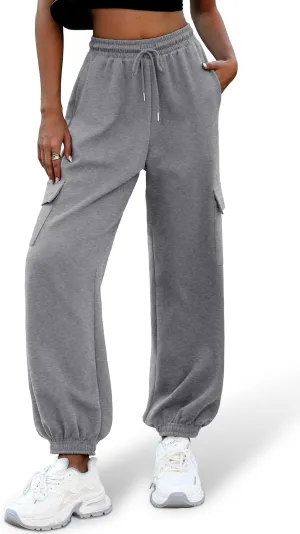 ELLEVEN High Waisted Sweatpants for Women - Baggy Cuffed Jogger with Cargo Pockets and Adjustable Drawstring