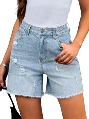 ELLEVEN Women’s Ripped Jean Shorts Trendy High Waisted Stretchy Denim Shorts Raw Hem Casual Wide Leg Mom Shorts