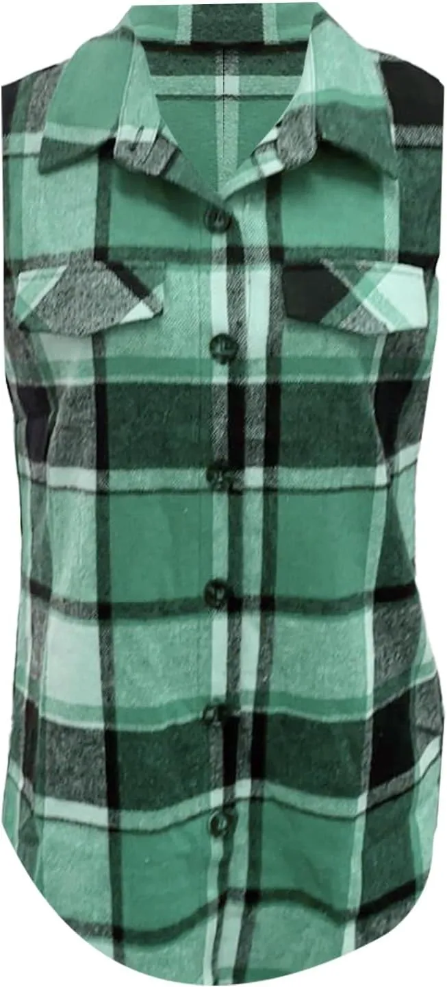 Flannel Vest Women 2024 Fashion Sleeveless Button Down Plaid Vest Jacket Casual Fall Winter Warm Outwear with Pockets