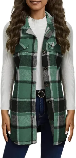 Flannel Vest Women 2024 Fashion Sleeveless Button Down Plaid Vest Jacket Casual Fall Winter Warm Outwear with Pockets