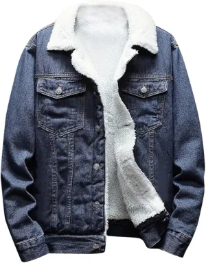 Fleece Jacket Men Denim Button Down Jacket Trucker Jacket Faux Fur Coat Fur Collar Jacket Warm Winter Coats