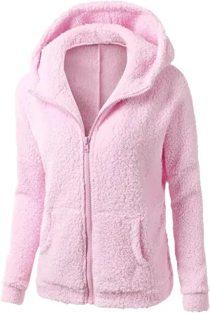 Fleece Jackets Women Fall Winter Coat Soft Fuzzy Jacket Zip Up Hoodie Plus Size Warm Thermal Outerwear with Pokcets