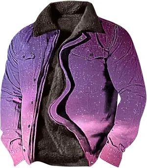 Fleece Lined Jacket Men Color Gradient Jacket Trucker Jacket Turn Down Collar Jacket Casual Winter Coat with Pockets