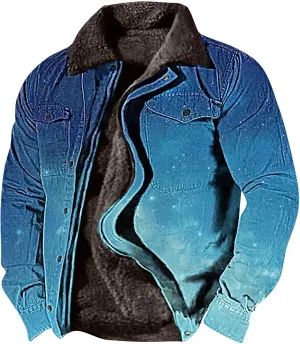 Fleece Lined Jacket Men Color Gradient Jacket Trucker Jacket Turn Down Collar Jacket Casual Winter Coat with Pockets