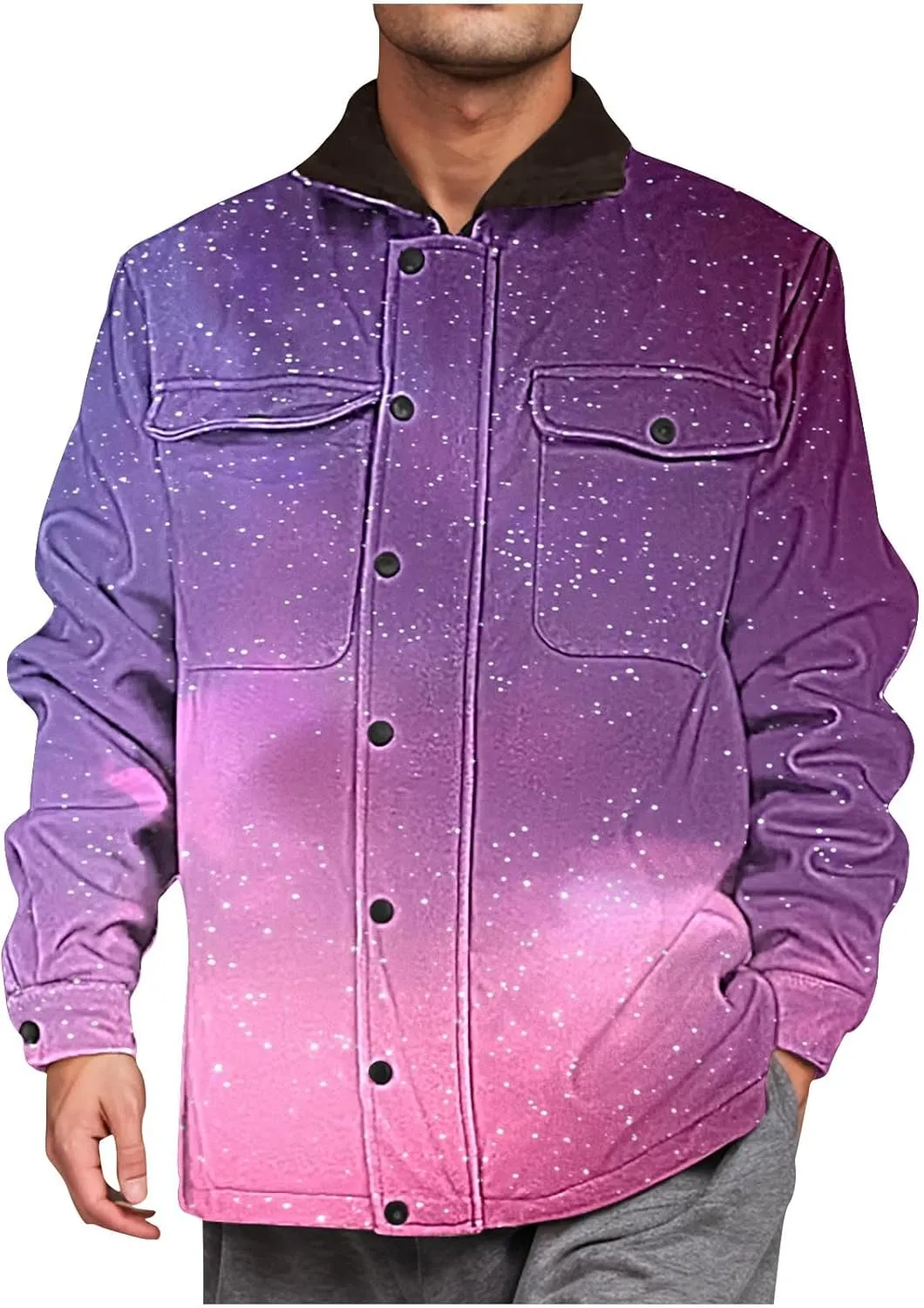 Fleece Lined Jacket Men Color Gradient Jacket Trucker Jacket Turn Down Collar Jacket Casual Winter Coat with Pockets