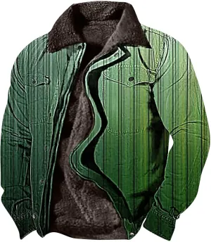 Fleece Lined Jacket Men Color Gradient Jacket Trucker Jacket Turn Down Collar Jacket Casual Winter Coat with Pockets