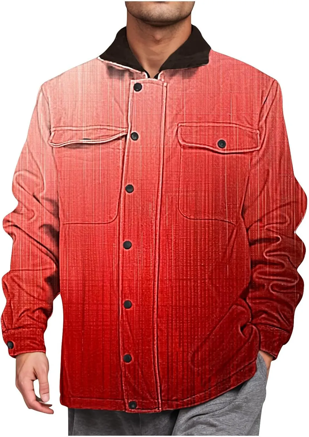 Fleece Lined Jacket Men Color Gradient Jacket Trucker Jacket Turn Down Collar Jacket Casual Winter Coat with Pockets