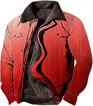 Fleece Lined Jacket Men Color Gradient Jacket Trucker Jacket Turn Down Collar Jacket Casual Winter Coat with Pockets