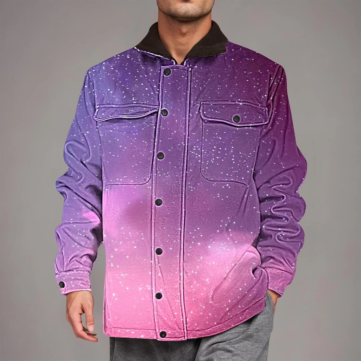 Fleece Lined Jacket Men Color Gradient Jacket Trucker Jacket Turn Down Collar Jacket Casual Winter Coat with Pockets