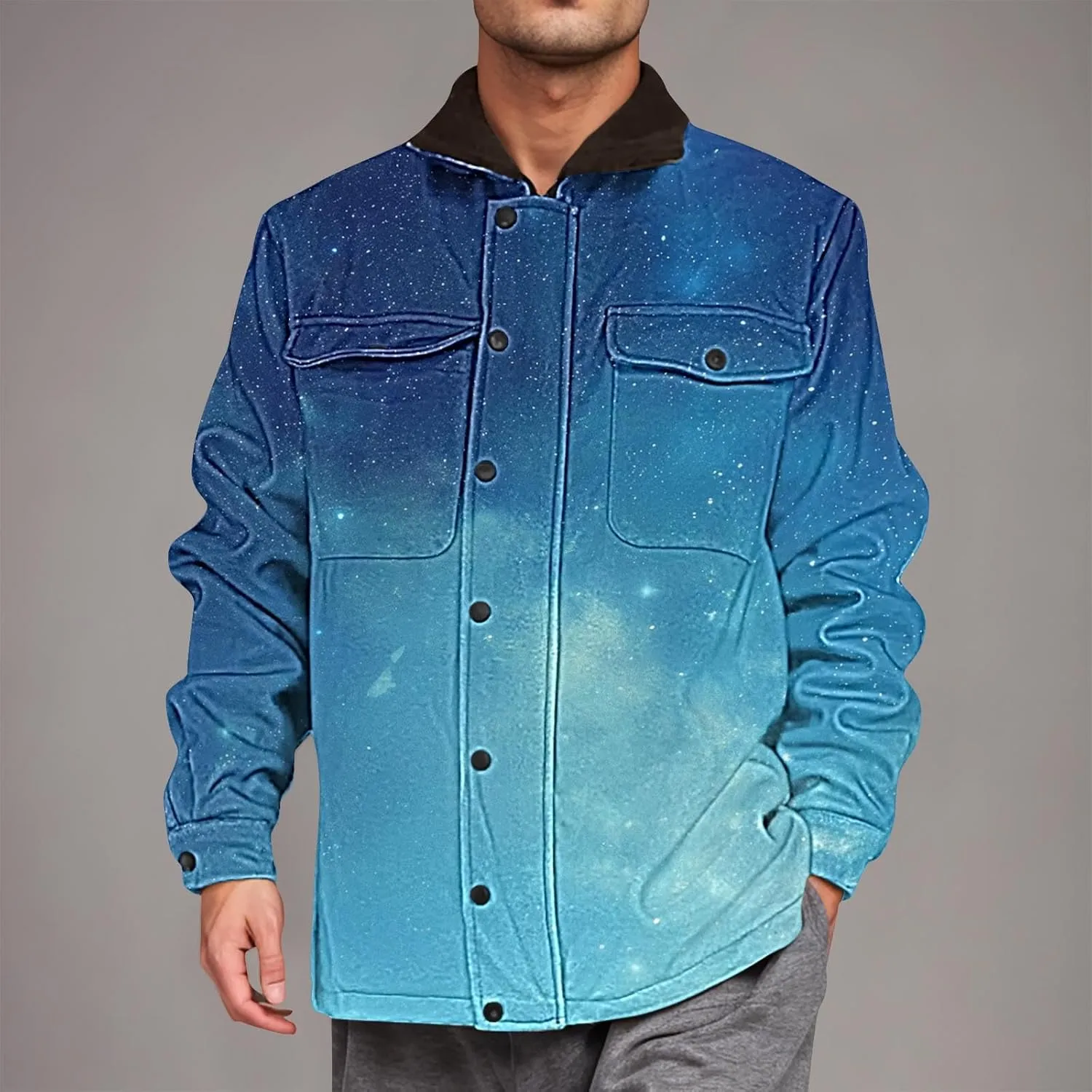 Fleece Lined Jacket Men Color Gradient Jacket Trucker Jacket Turn Down Collar Jacket Casual Winter Coat with Pockets
