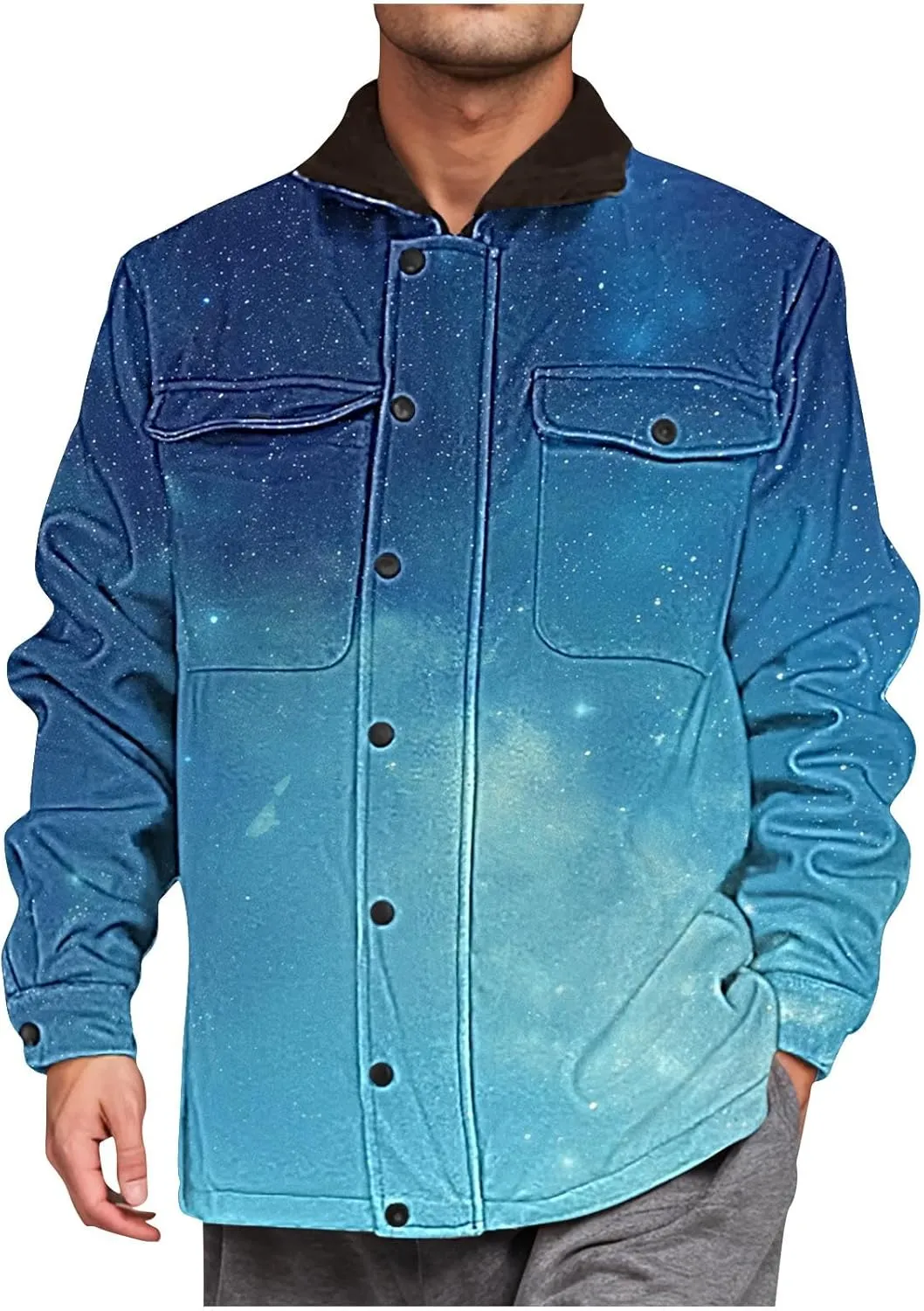 Fleece Lined Jacket Men Color Gradient Jacket Trucker Jacket Turn Down Collar Jacket Casual Winter Coat with Pockets