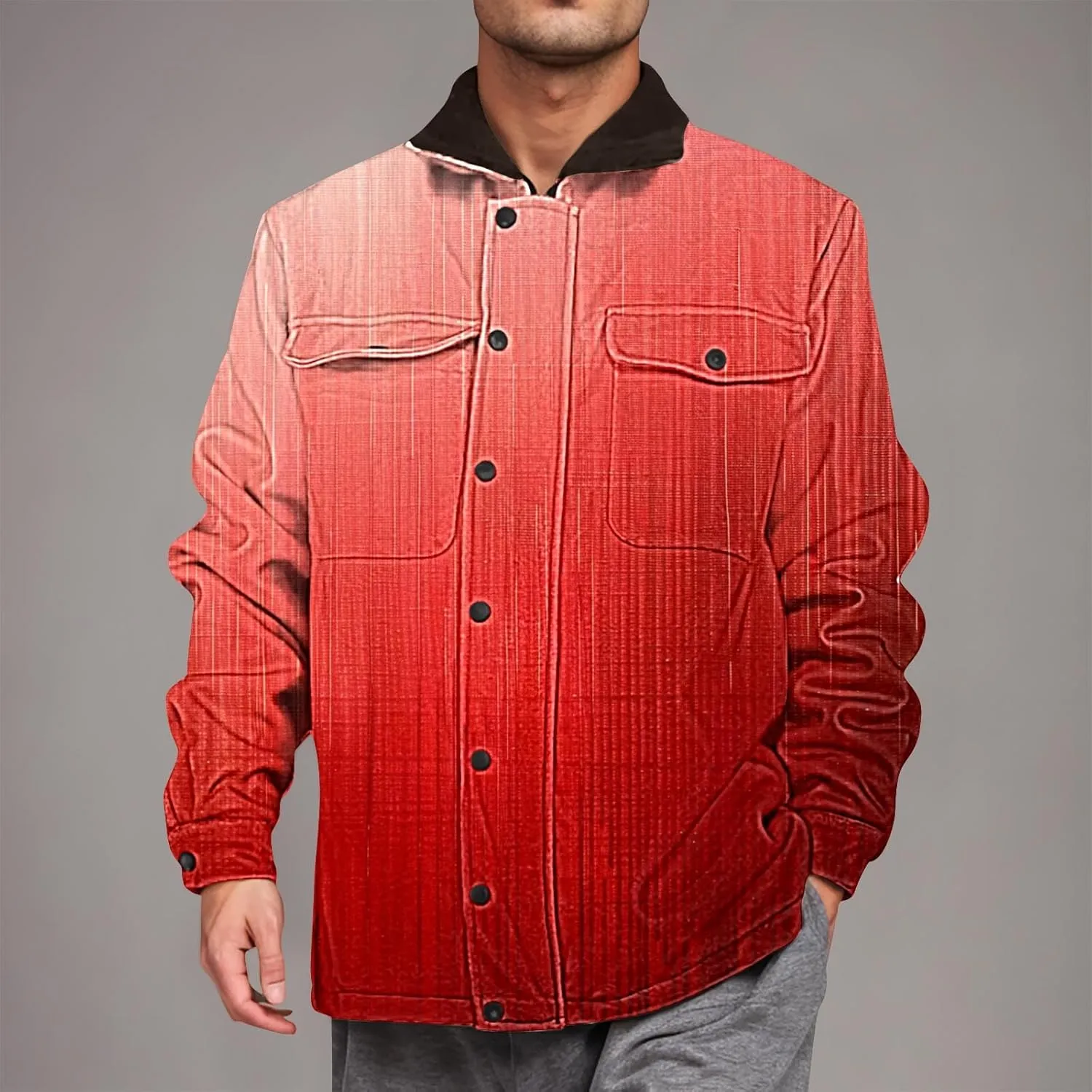 Fleece Lined Jacket Men Color Gradient Jacket Trucker Jacket Turn Down Collar Jacket Casual Winter Coat with Pockets