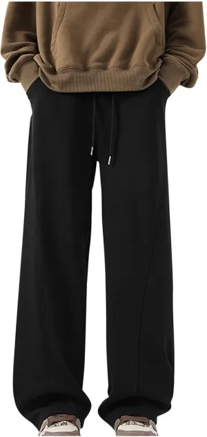 Fleece Lined Pants for Men Solid High Waisted Wide Leg Lounge Pant Plus Size Thickening Warm Trousers with Pockets