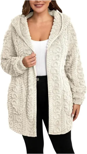 Fleece Lined Sweater Jacket Women Fluffy Sweater Coat Open Front Cardigan Jacket Winter Hooded Coats Warm Outerwear
