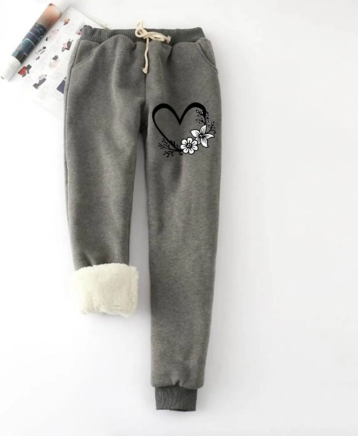 Fleece Lined Sweatpants Women with 2 Pockets Cute Heart Print Drawstring Sherpa Lined Lounge Pants Workout Athletic Joggers