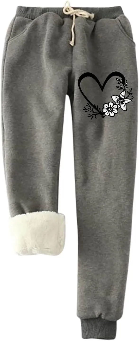 Fleece Lined Sweatpants Women with 2 Pockets Cute Heart Print Drawstring Sherpa Lined Lounge Pants Workout Athletic Joggers