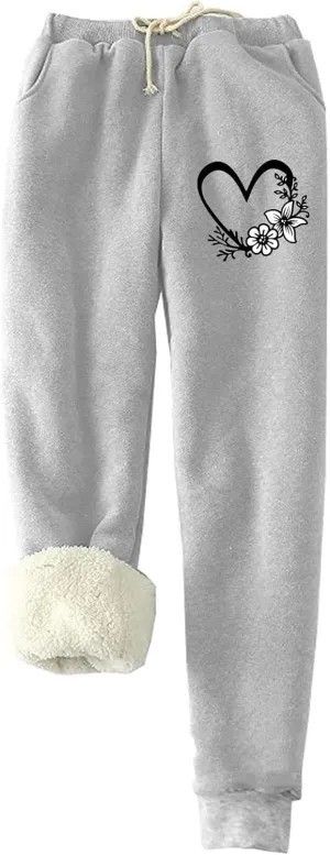 Fleece Lined Sweatpants Women with 2 Pockets Cute Heart Print Drawstring Sherpa Lined Lounge Pants Workout Athletic Joggers