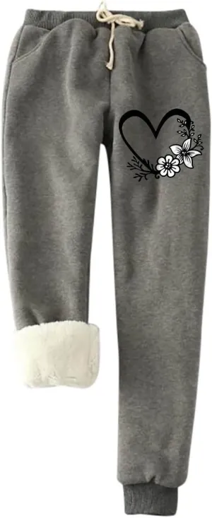 Fleece Lined Sweatpants Women with 2 Pockets Cute Heart Print Drawstring Sherpa Lined Lounge Pants Workout Athletic Joggers