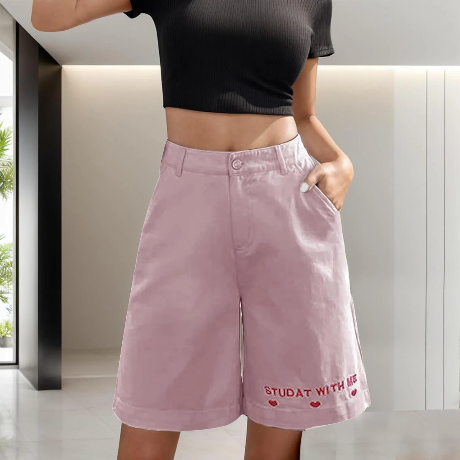 FZVYD Women Jean Shorts High Waisted 2025 Summer Trendy Flat Pockets Cutoff Stretchy Casual Wide Leg Heart Print Denim Short