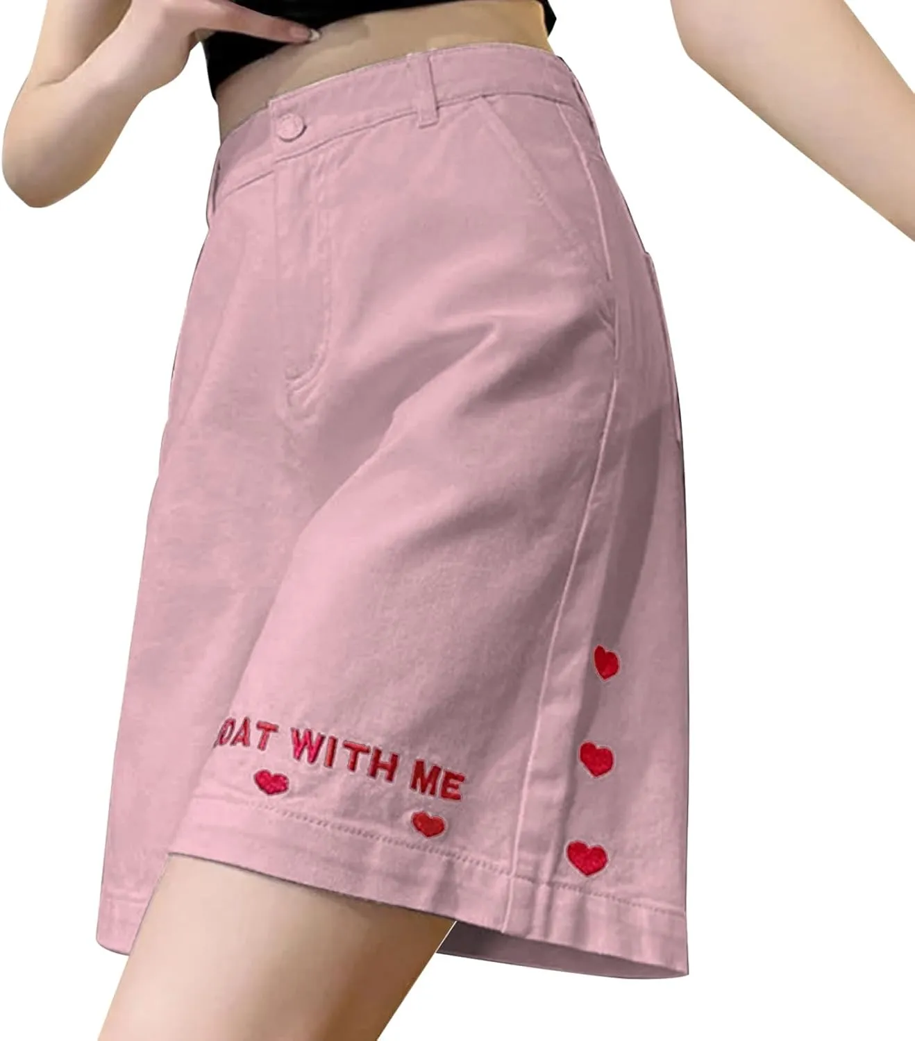 FZVYD Women Jean Shorts High Waisted 2025 Summer Trendy Flat Pockets Cutoff Stretchy Casual Wide Leg Heart Print Denim Short