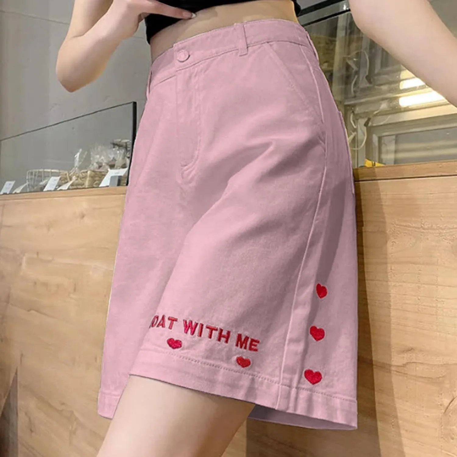 FZVYD Women Jean Shorts High Waisted 2025 Summer Trendy Flat Pockets Cutoff Stretchy Casual Wide Leg Heart Print Denim Short