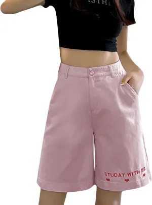 FZVYD Women Jean Shorts High Waisted 2025 Summer Trendy Flat Pockets Cutoff Stretchy Casual Wide Leg Heart Print Denim Short