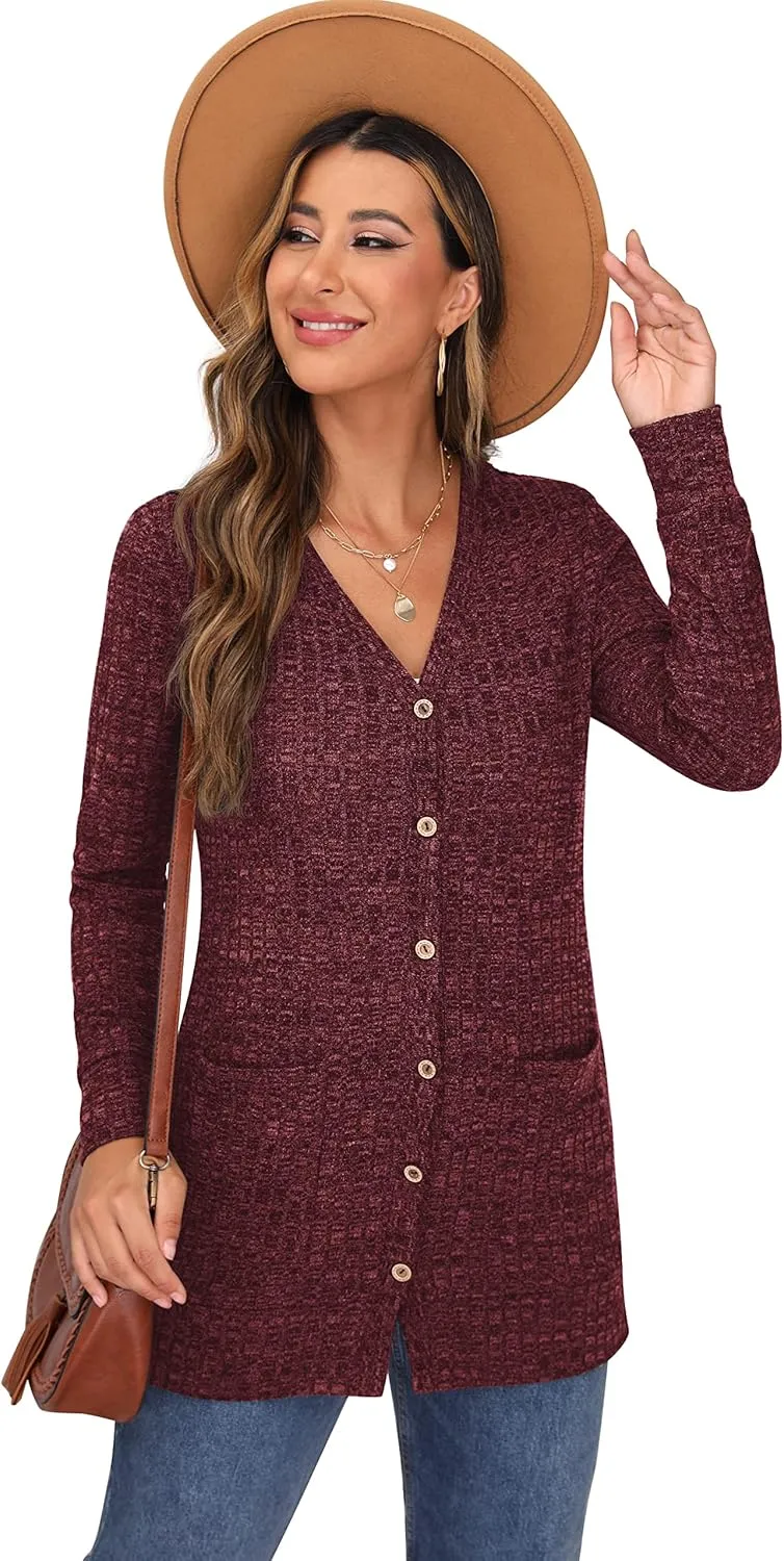 GRECERELLE Women's Long Sleeve Open Front Cardigan Button Down Ribbed Lightweight Knit Outerwear with Pocket
