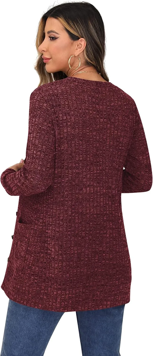 GRECERELLE Women's Long Sleeve Open Front Cardigan Button Down Ribbed Lightweight Knit Outerwear with Pocket