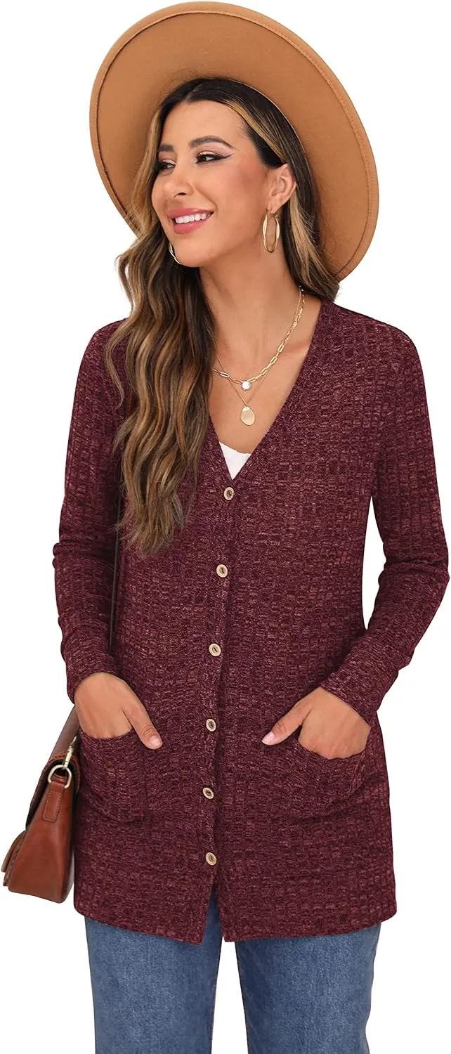 GRECERELLE Women's Long Sleeve Open Front Cardigan Button Down Ribbed Lightweight Knit Outerwear with Pocket