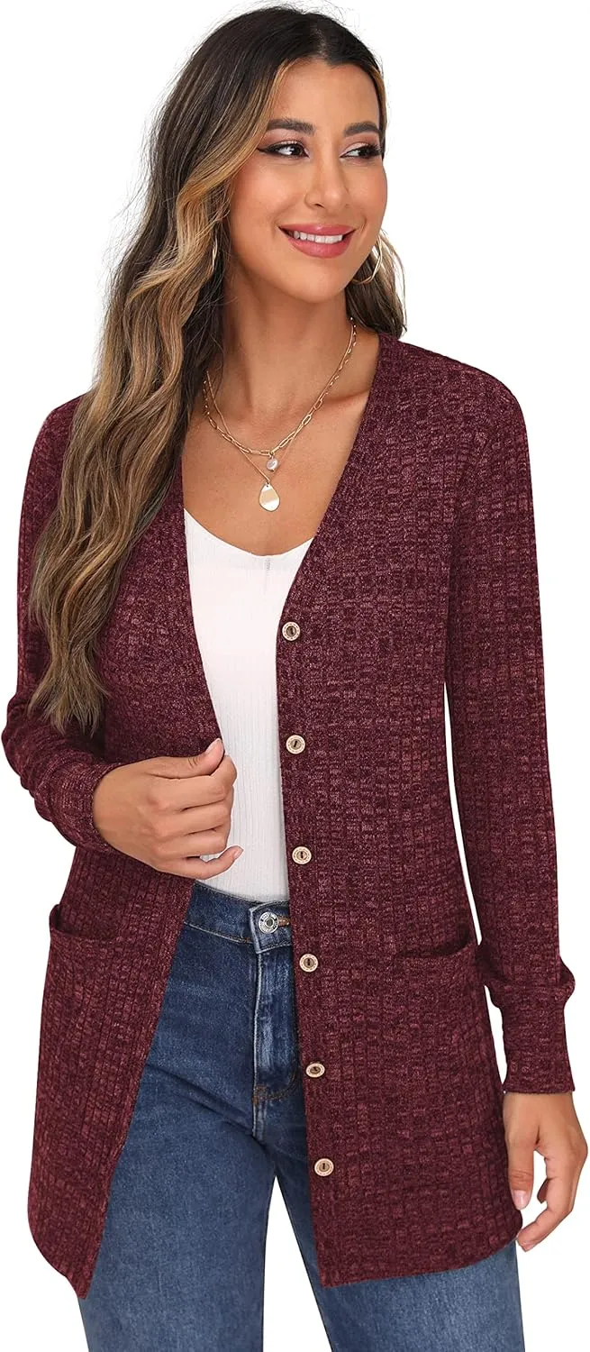 GRECERELLE Women's Long Sleeve Open Front Cardigan Button Down Ribbed Lightweight Knit Outerwear with Pocket