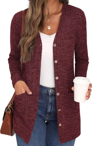 GRECERELLE Women's Long Sleeve Open Front Cardigan Button Down Ribbed Lightweight Knit Outerwear with Pocket