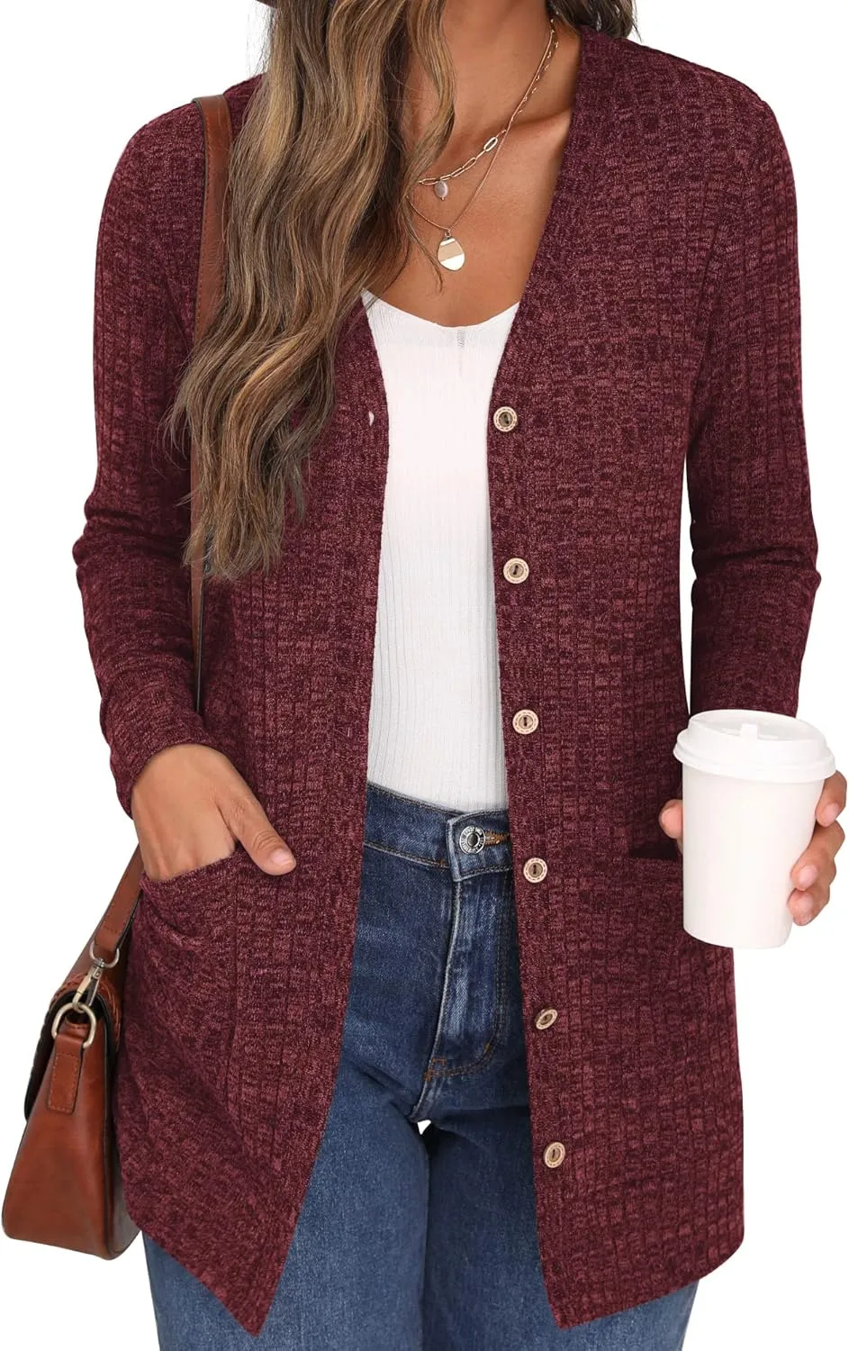 GRECERELLE Women's Long Sleeve Open Front Cardigan Button Down Ribbed Lightweight Knit Outerwear with Pocket