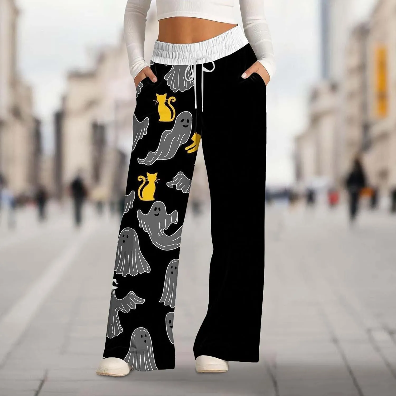 Halloween Women Sweatpant Lacing Solid Color Waist Waist Wide Leg Casual Pants Track Pants Streetwear Wide Leg Yoga