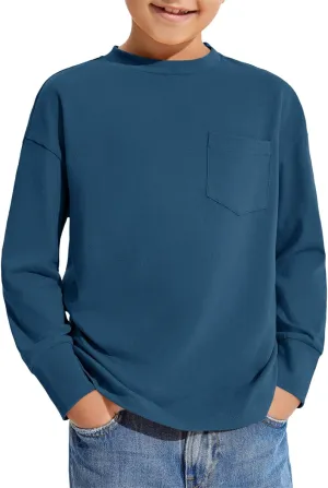 Haloumoning Boys Long Sleeve Shirts Kids Fashion Crewneck Side Slit Tops Tees with Pocket 5-14 Years