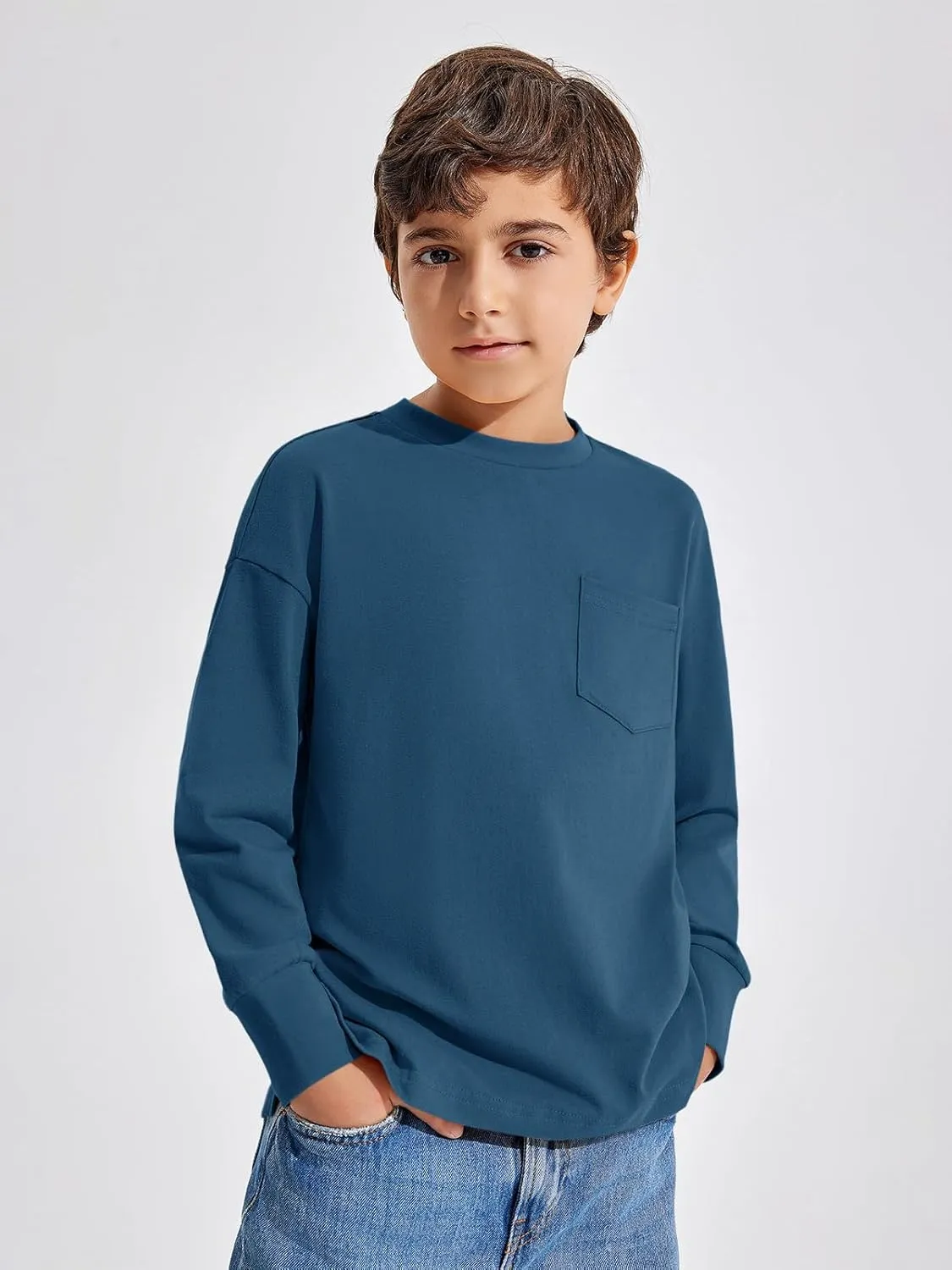 Haloumoning Boys Long Sleeve Shirts Kids Fashion Crewneck Side Slit Tops Tees with Pocket 5-14 Years