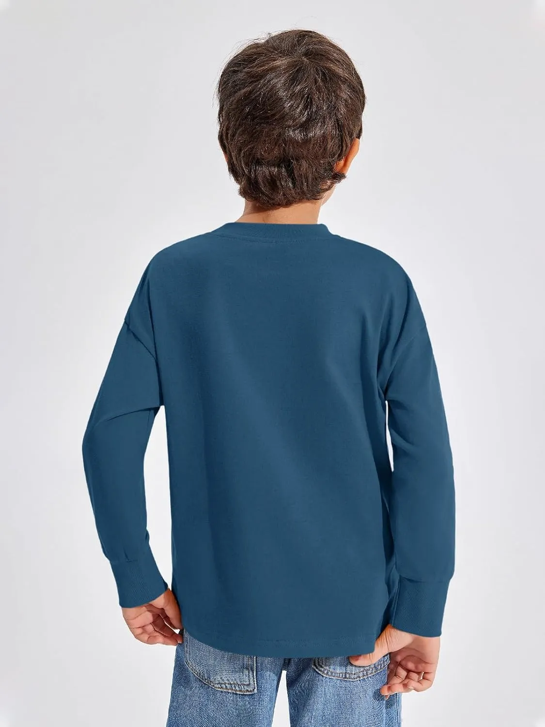 Haloumoning Boys Long Sleeve Shirts Kids Fashion Crewneck Side Slit Tops Tees with Pocket 5-14 Years