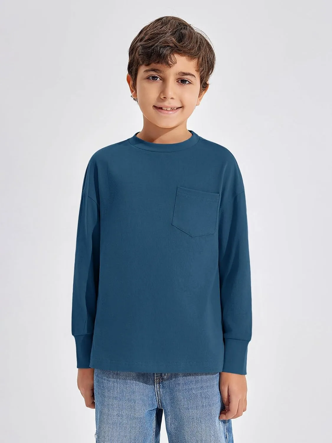 Haloumoning Boys Long Sleeve Shirts Kids Fashion Crewneck Side Slit Tops Tees with Pocket 5-14 Years