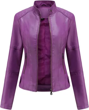 Hasta Women Pleather Motor Jacket Plus Size Lined Slim Fit Punk Faux Leather Jackets Stand Collar Zipper Cropped Bike Coats