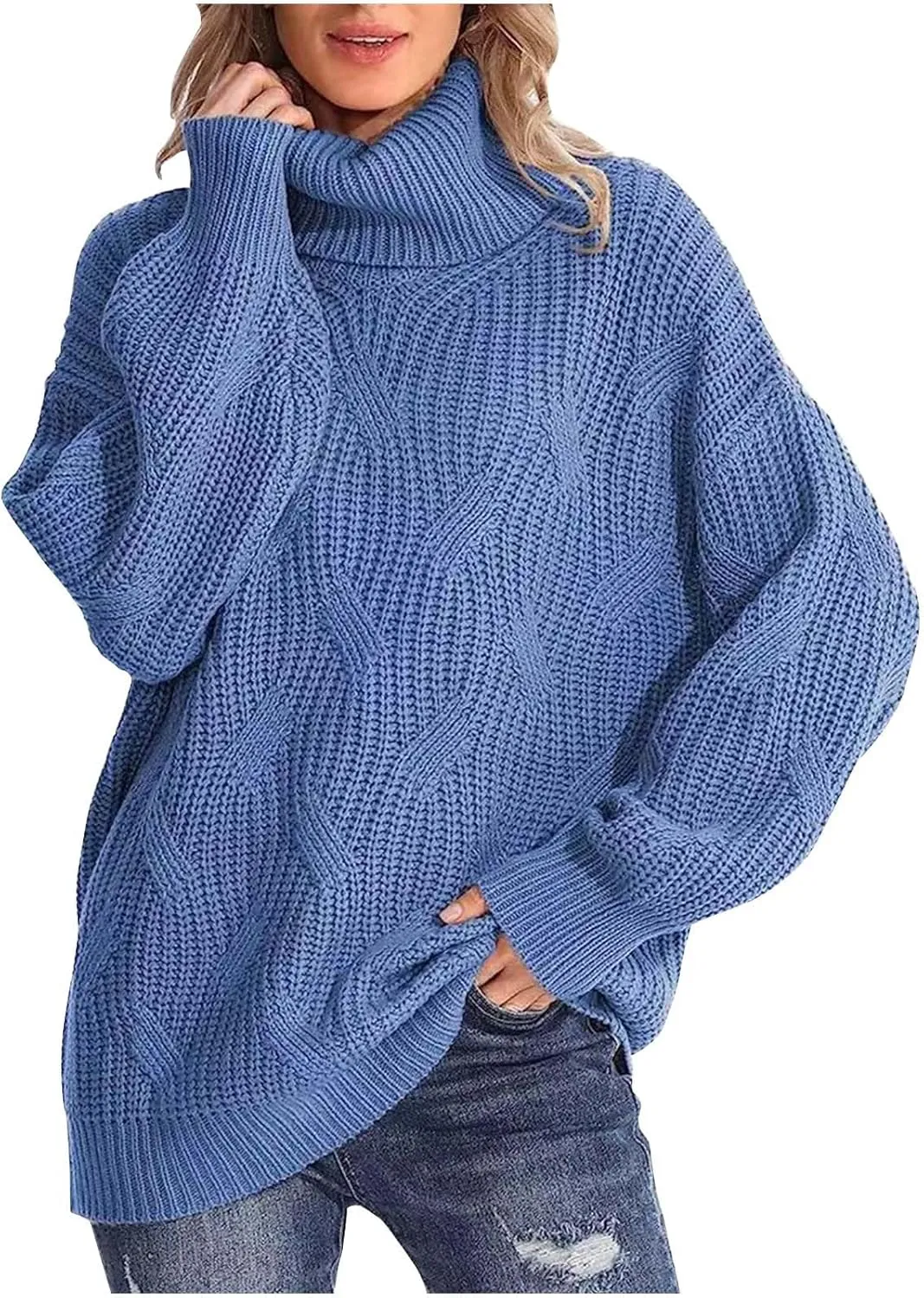 HGps8w Women's Turtleneck Pullover Sweaters Oversized Casual Long Sleeve Chunky Cable Knit Solid Color Jumper Tops