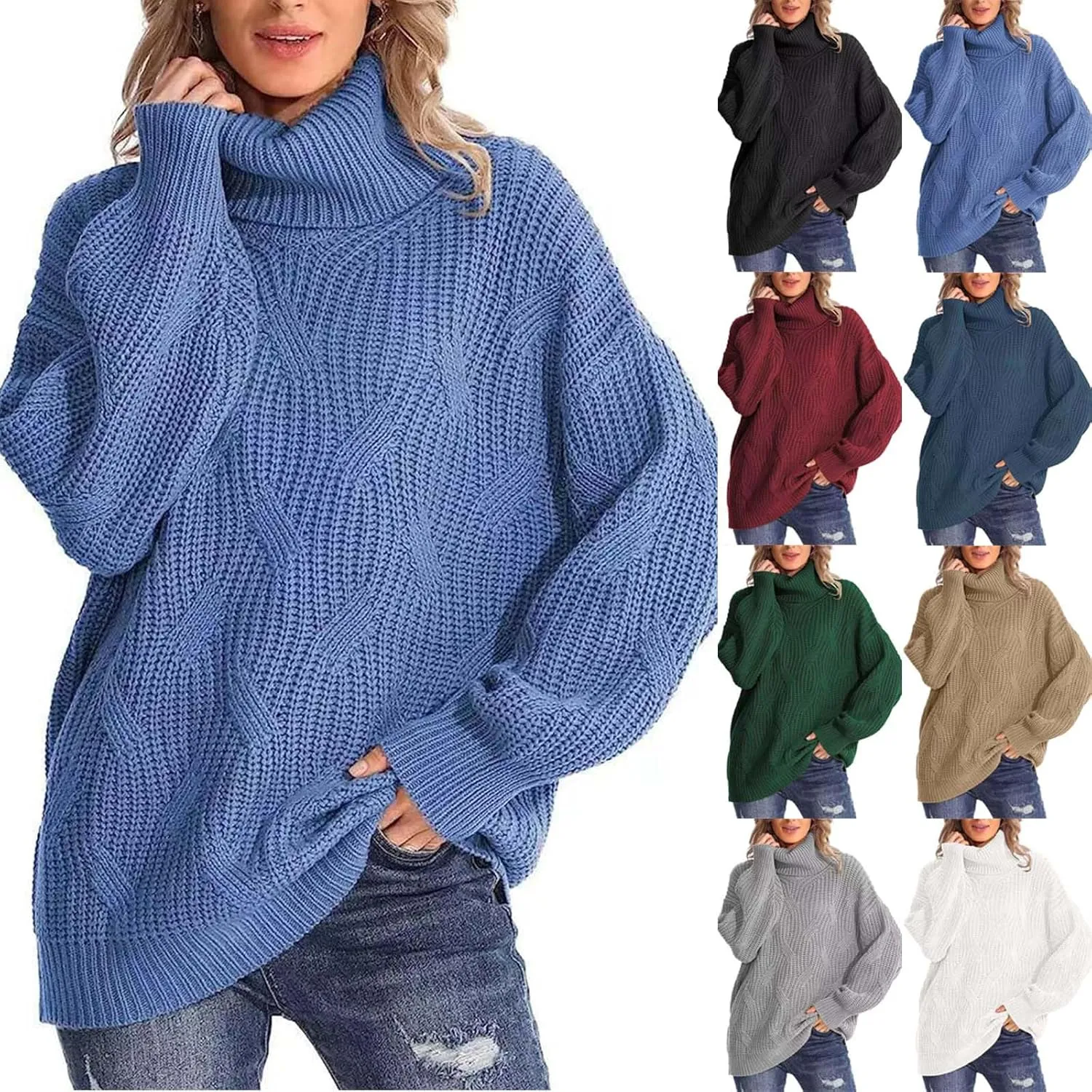 HGps8w Women's Turtleneck Pullover Sweaters Oversized Casual Long Sleeve Chunky Cable Knit Solid Color Jumper Tops