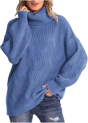 HGps8w Women's Turtleneck Pullover Sweaters Oversized Casual Long Sleeve Chunky Cable Knit Solid Color Jumper Tops