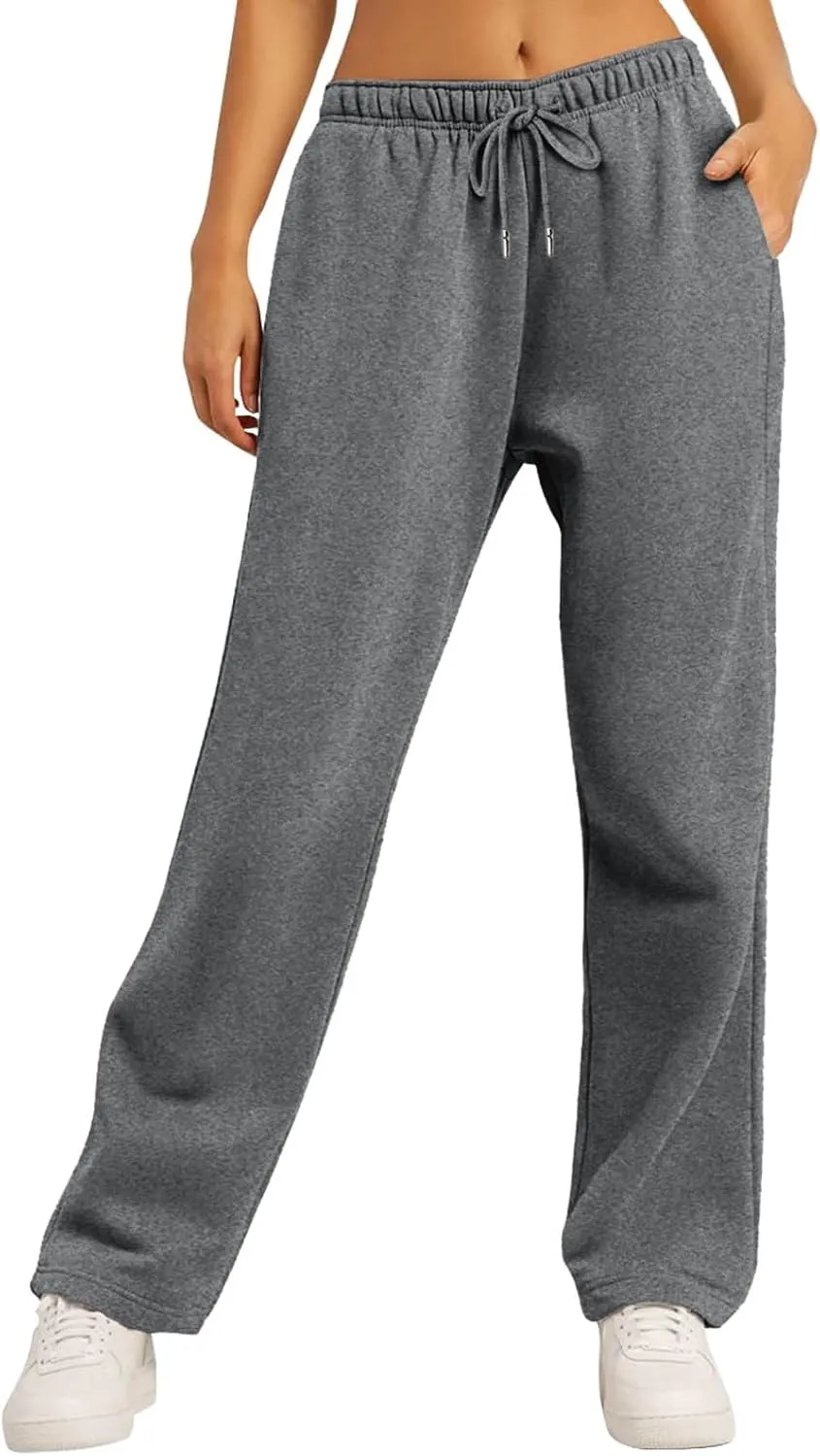 High Waisted Wide Leg Sweatpants Women Baggy Fleece Cotton Joggers with Pockets Drawstring Lounge Comfy Track Pants