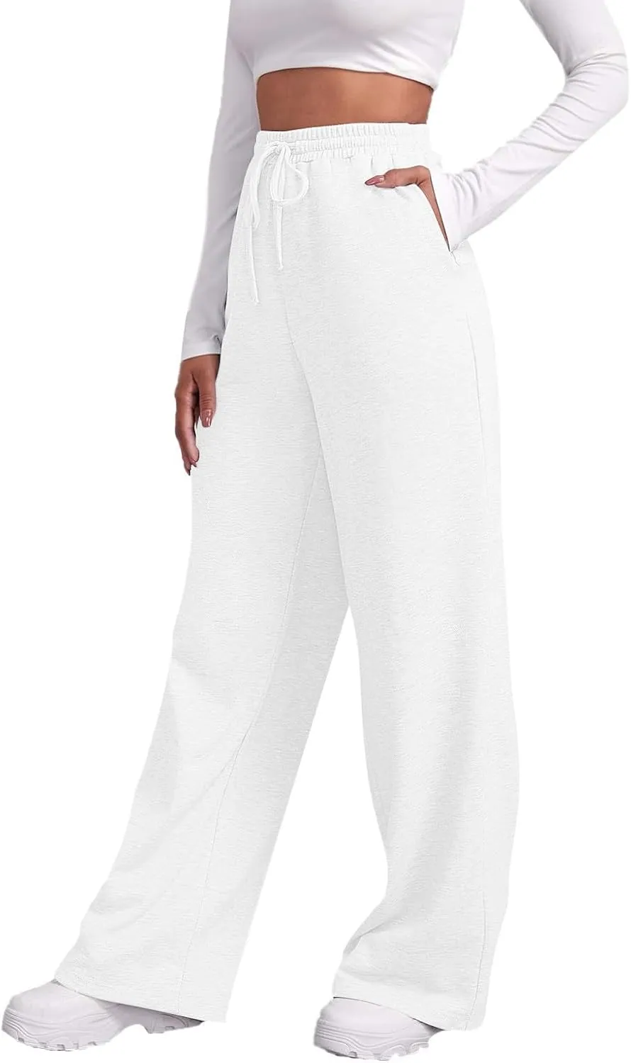 High Waisted Wide Leg Sweatpants Women Baggy Fleece Cotton Joggers with Pockets Drawstring Lounge Comfy Track Pants