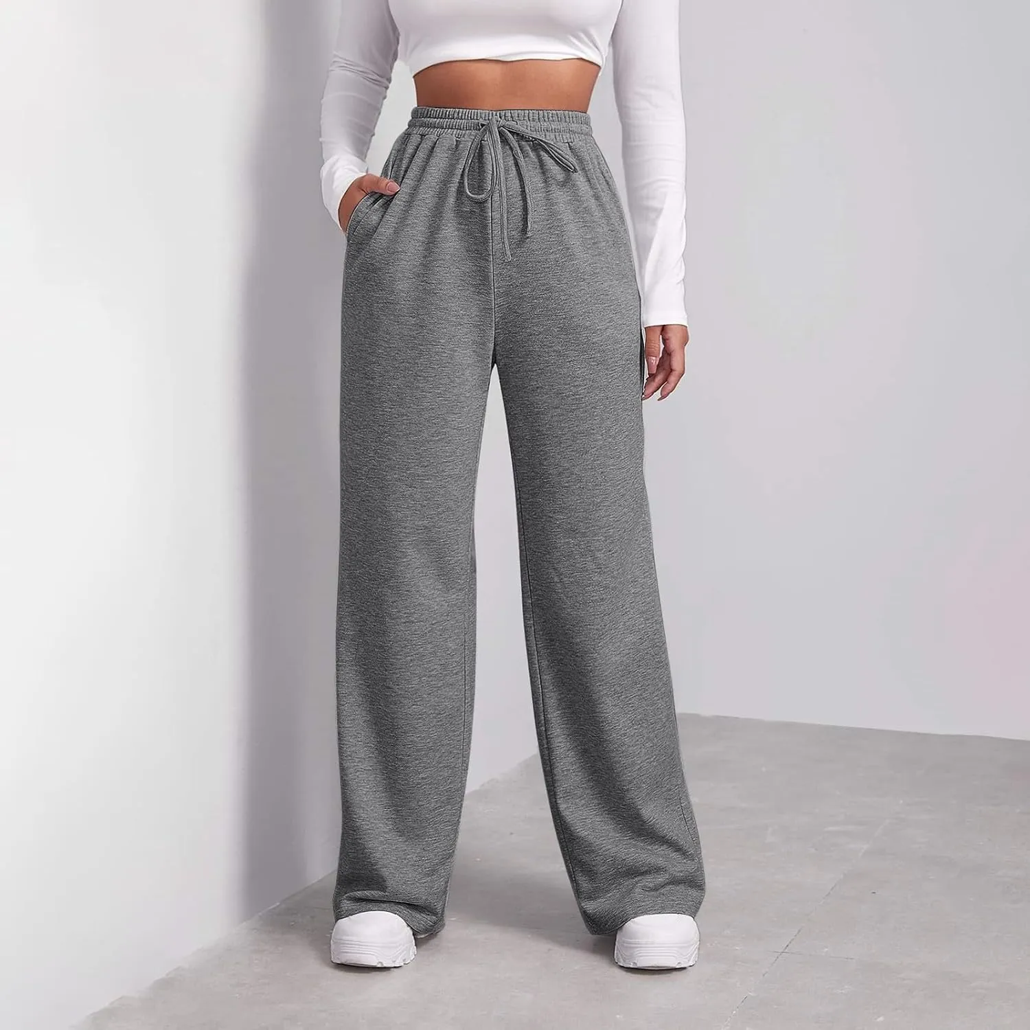 High Waisted Wide Leg Sweatpants Women Baggy Fleece Cotton Joggers with Pockets Drawstring Lounge Comfy Track Pants
