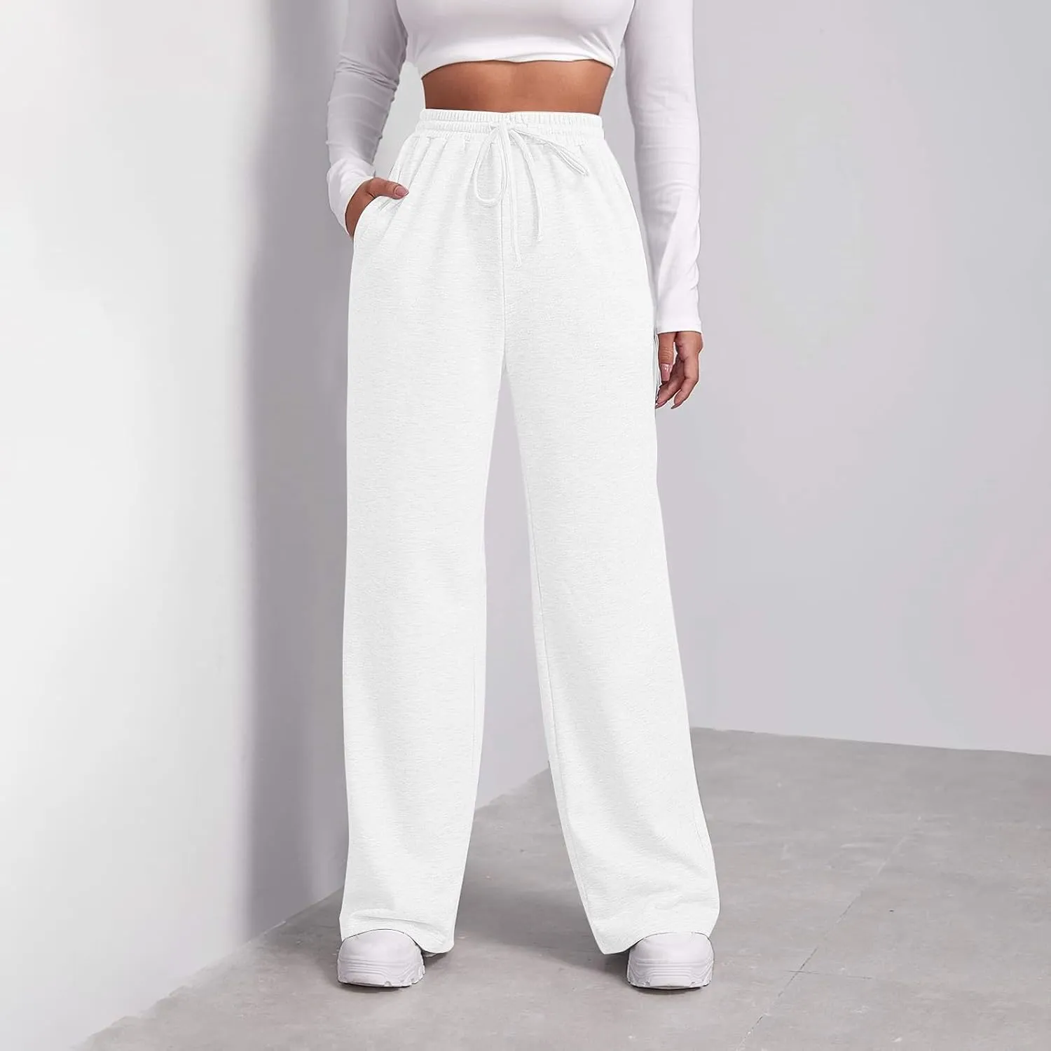 High Waisted Wide Leg Sweatpants Women Baggy Fleece Cotton Joggers with Pockets Drawstring Lounge Comfy Track Pants