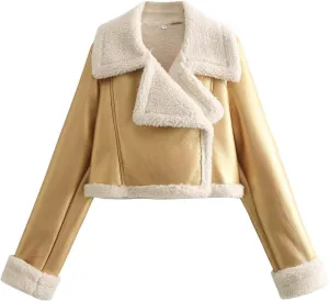 hlysgo Women Winter Jacket Faux Leather Thicken Fleece Lined Motorcycle Jacket Shearling Fluffy Coat Cropped Bomber Jacket